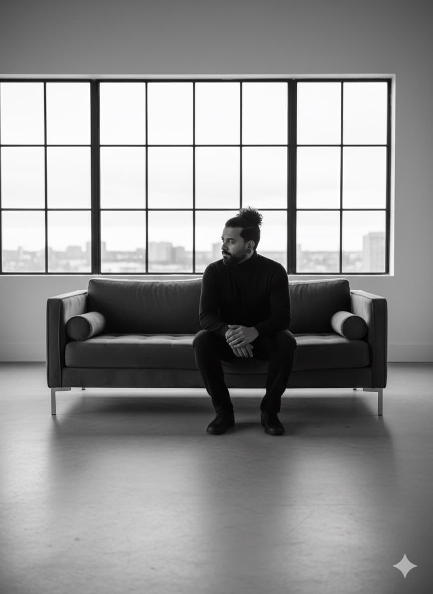 Charles in black, seated on a couch against a wall of industrial windows